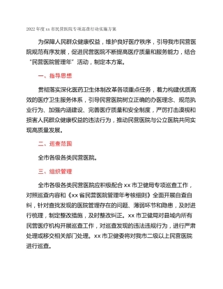 2022年度xx市民营医院专项巡查行动实施方案