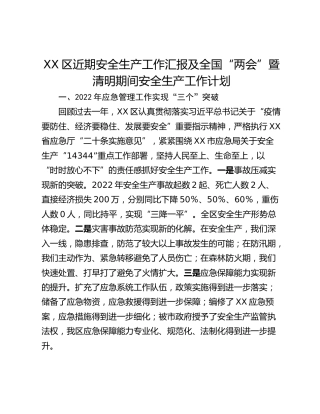 XX区近期安全生产工作汇报及全国“两会”暨清明期间安全生产工作计划