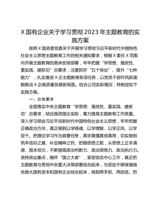 X国有企业关于学习贯彻2023年主题教育的实施方案
