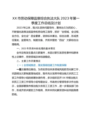 XX市劳动保障监察综合执法大队2023年第一季度工作总结及计划