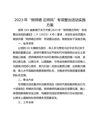 2023年“树师德 正师风”专项整治活动实施方案