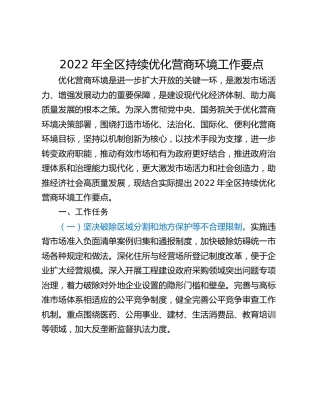 2022年全区持续优化营商环境工作要点