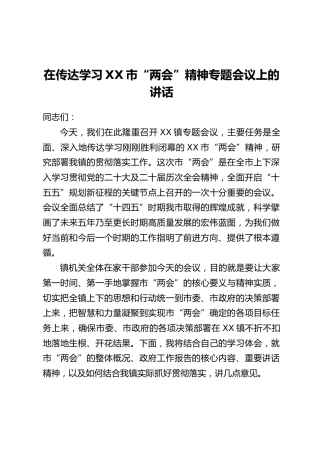 在传达学习XX市“两会”精神专题会议上的讲话