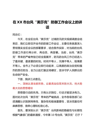 在XX市台风“美莎克”防御工作会议上的讲话