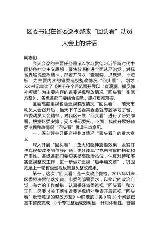 区委书记在省委巡视整改“回头看”动员大会上的讲话