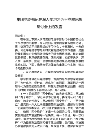 集团党委书记在深入学习习近平党建思想研讨会上的发言
