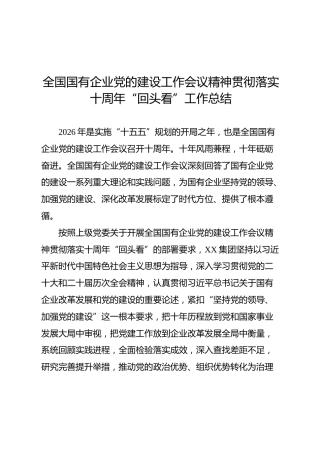 国有企业党的建设工作会议精神贯彻落实十周年“回头看”工作总结（通用版8000字）
