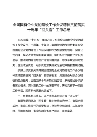 国有企业党的建设工作会议精神贯彻落实十周年“回头看”工作总结（通用版6000字）