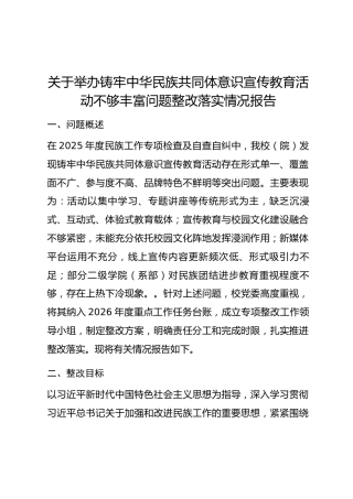 关于举办铸牢中华民族共同体意识宣传教育活动不够丰富问题整改落实情况报告