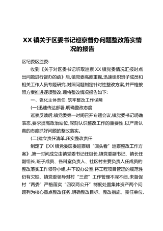 XX镇关于区委书记巡察督办问题整改落实情况的报告