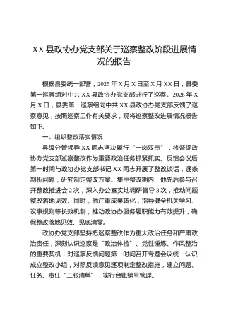 XX县政协办党支部关于巡察整改阶段进展情况的报告