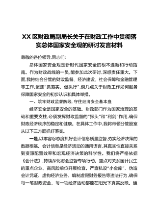 XX区财政局副局长关于在财政工作中贯彻落实总体国家安全观的研讨发言材料