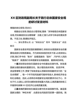 XX区财政局副局长关于践行总体国家安全观的研讨发言材料