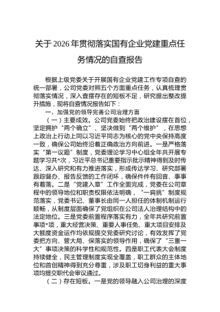 2026年贯彻落实国有企业党建重点任务情况自查报告（公司党建总结）
