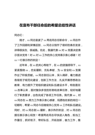 在宣布干部任命后的希望总结性讲话