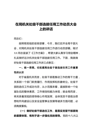 在局机关处级干部选拔任用工作动员大会上的讲话