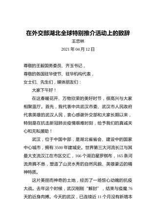 王忠林：在外交部湖北全球特别推介活动上的致辞