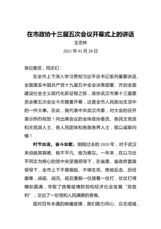 王忠林：在市政协十三届五次会议开幕式上的讲话