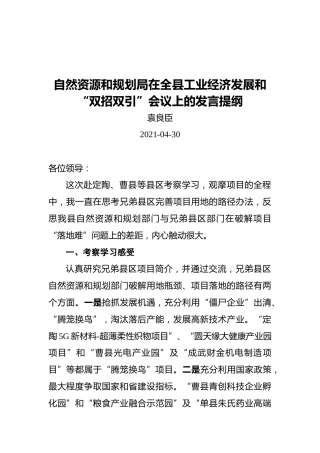 袁良臣：自然资源和规划局在全县工业经济发展和“双招双引”会议上的发言提纲