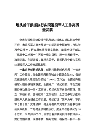 埋头苦干狠抓执行实现退役军人工作高质量发展
