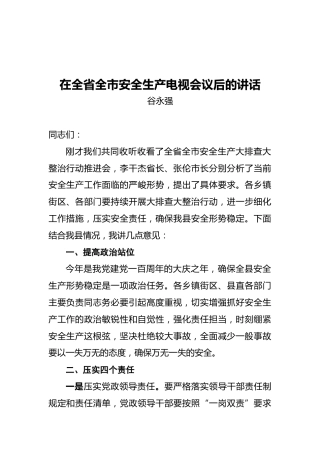 谷永强：在全省全市安全生产电视会议后的讲话