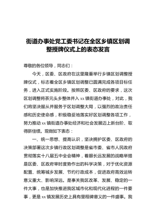 街道办事处党工委书记在全区乡镇区划调整授牌仪式上的表态发言‍