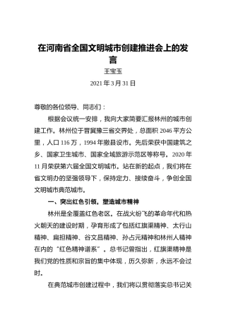 王宝玉：在河南省全国文明城市创建推进会上的发言