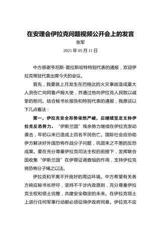 张军：在安理会伊拉克问题视频公开会上的发言