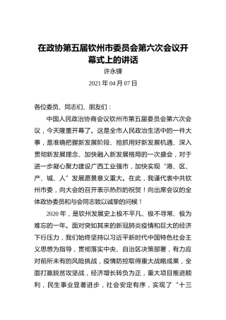 许永锞：在政协第五届钦州市委员会第六次会议开幕式上的讲话