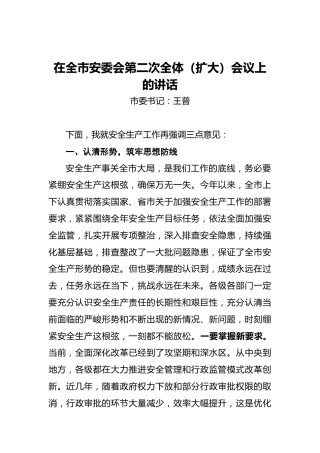 在全市安委会第二次全体（扩大）会议上的讲话