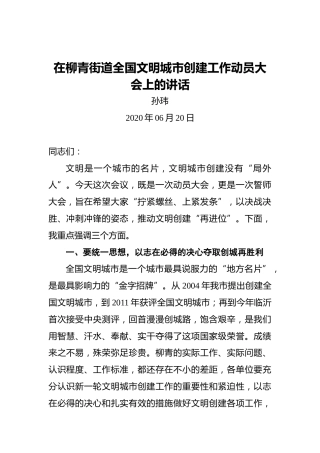 孙玮：在柳青街道全国文明城市创建工作动员大会上的讲话