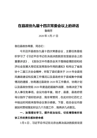 鲁晓芳：在县政协九届十四次常委会议上的讲话