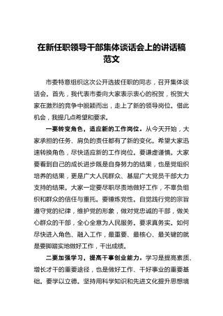 在新任职领导干部集体谈话会上的讲话稿范文