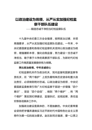 以政治建设为统领，从严从实加强纪检监察干部队伍建设