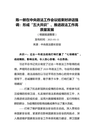 陈一新在中央政法工作会议结束时讲话强调：形成“五大共识”、推进政法工作高质量发展