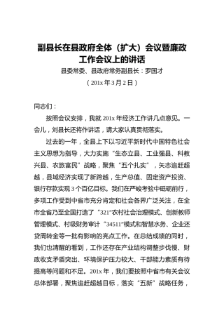 副县长在县政府全体（扩大）会议暨廉政工作会议上的讲话