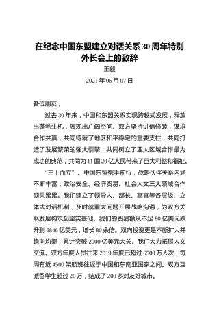 王毅：在纪念中国东盟建立对话关系30周年特别外长会上的致辞