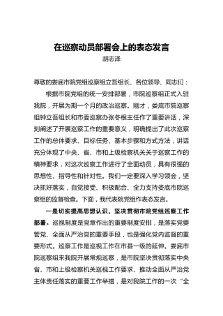 胡志泽：在巡察动员部署会上的表态发言