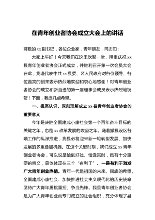 在青年创业者协会成立大会上的讲话