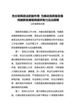 充分发挥政法职能作用 为推动高质量发展 构建新发展格局提供有力法治保障