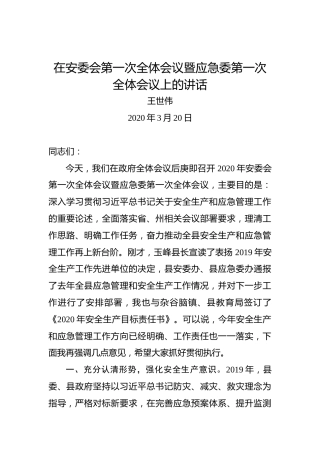 王世伟：在安委会第一次全体会议暨应急委第一次全体会议上的讲话