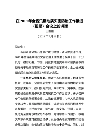 王晓阳：在全省汛期地质灾害防治工作推进
