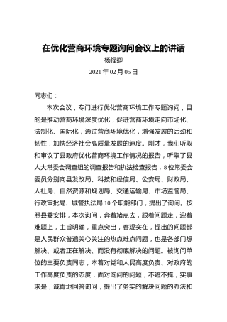 杨福卿：在优化营商环境专题询问会议上的讲话
