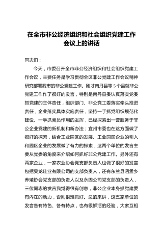 ‍在全市非公经济组织和社会组织党建工作会议上的讲话‍