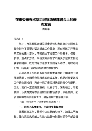 周海平：在市委第五巡察组巡察动员部署会上的表态发言