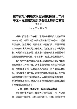 宣少川：在市委第八提级交叉巡察组巡察唐山市开平区人民法院党组反馈会议上的表态发言