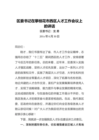区委书记在攀枝花市西区人才工作会议上的讲话