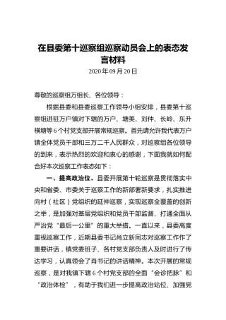 在县委第十巡察组巡察动员会上的表态发言材料
