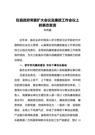 朱传建：在县政府常委扩大会议及廉政工作会议上的表态发言
