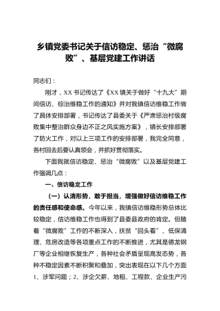乡镇党委书记关于信访稳定、惩治“微腐败”、基层党建工作讲话